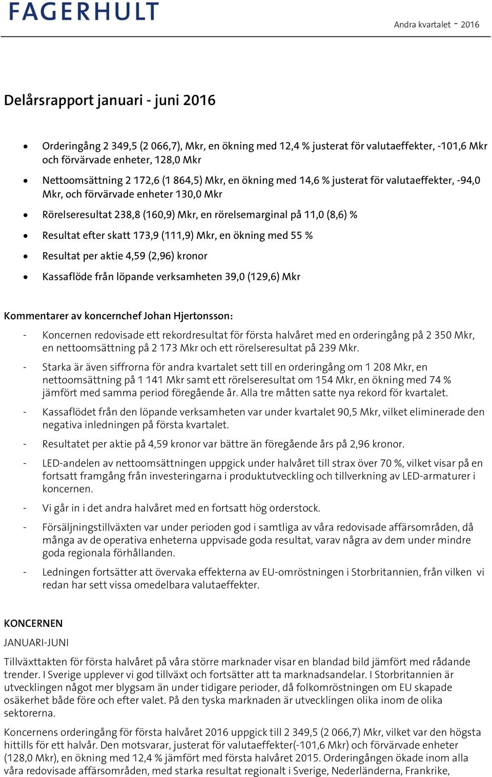 skatt 173,9 (111,9) Mkr, en ökning med 55 % Resultat per aktie 4,59 (2,96) kronor Kassaflöde från löpande verksamheten 39,0 (129,6) Mkr Kommentarer av koncernchef Johan Hjertonsson: - Koncernen