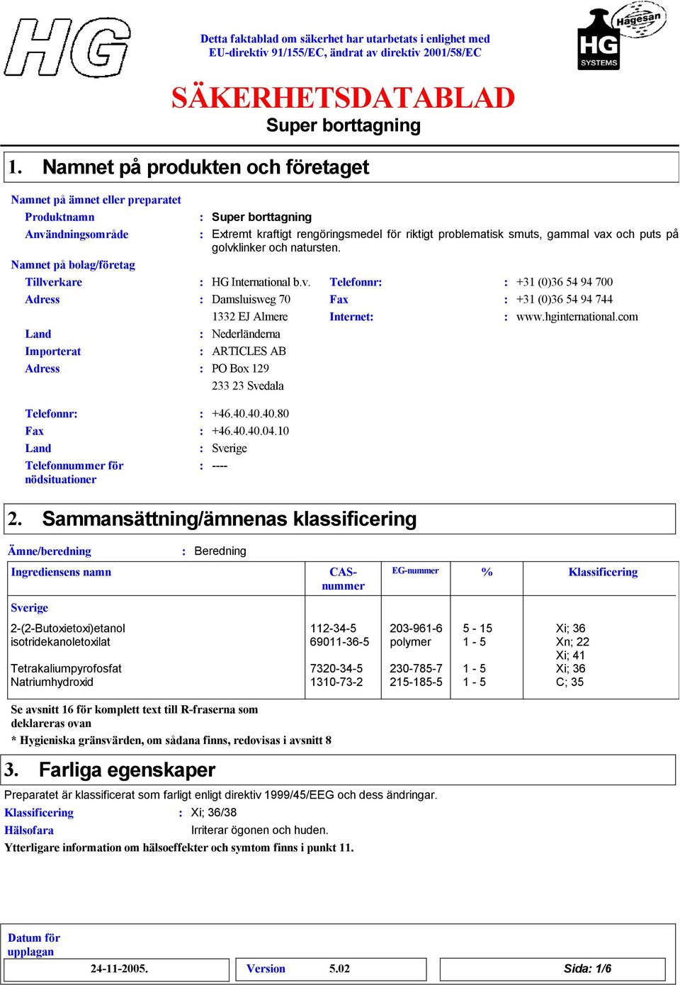 com Land Nederländerna Importerat ARTICLES AB Adress PO Box 129 233 23 Svedala Telefonnr Fax Land Telefonnummer för nödsituationer +46.40.40.40.80 +46.40.40.04.10 Sverige 2.