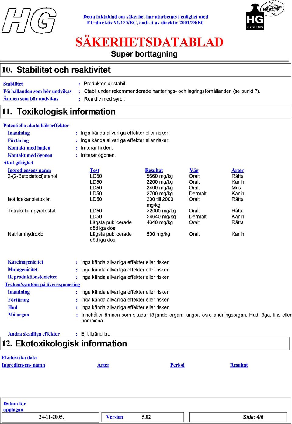 Toxikologisk information Potentiella akuta hälsoeffekter Inandning Förtäring Kontakt med huden Kontakt med ögonen Akut giftighet Ingrediensens namn 2(2Butoxietoxi)etanol Test Resultat Väg Arter 5660