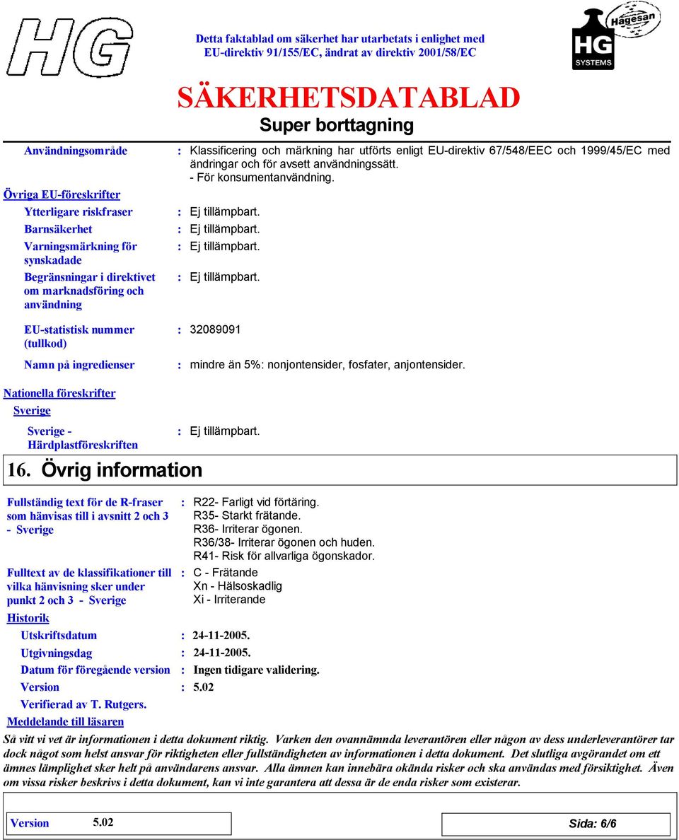 EUstatistisk nummer (tullkod) Namn på ingredienser 32089091 mindre än 5% nonjontensider, fosfater, anjontensider. Nationella föreskrifter Sverige 16.
