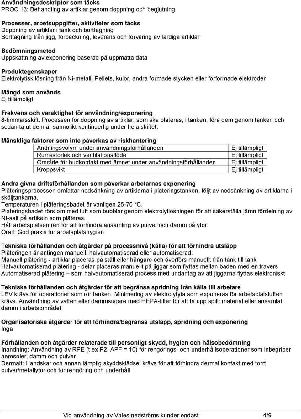 andra formade stycken eller förformade elektroder Mängd som används Frekvens och varaktighet för användning/ 8-timmarsskift.