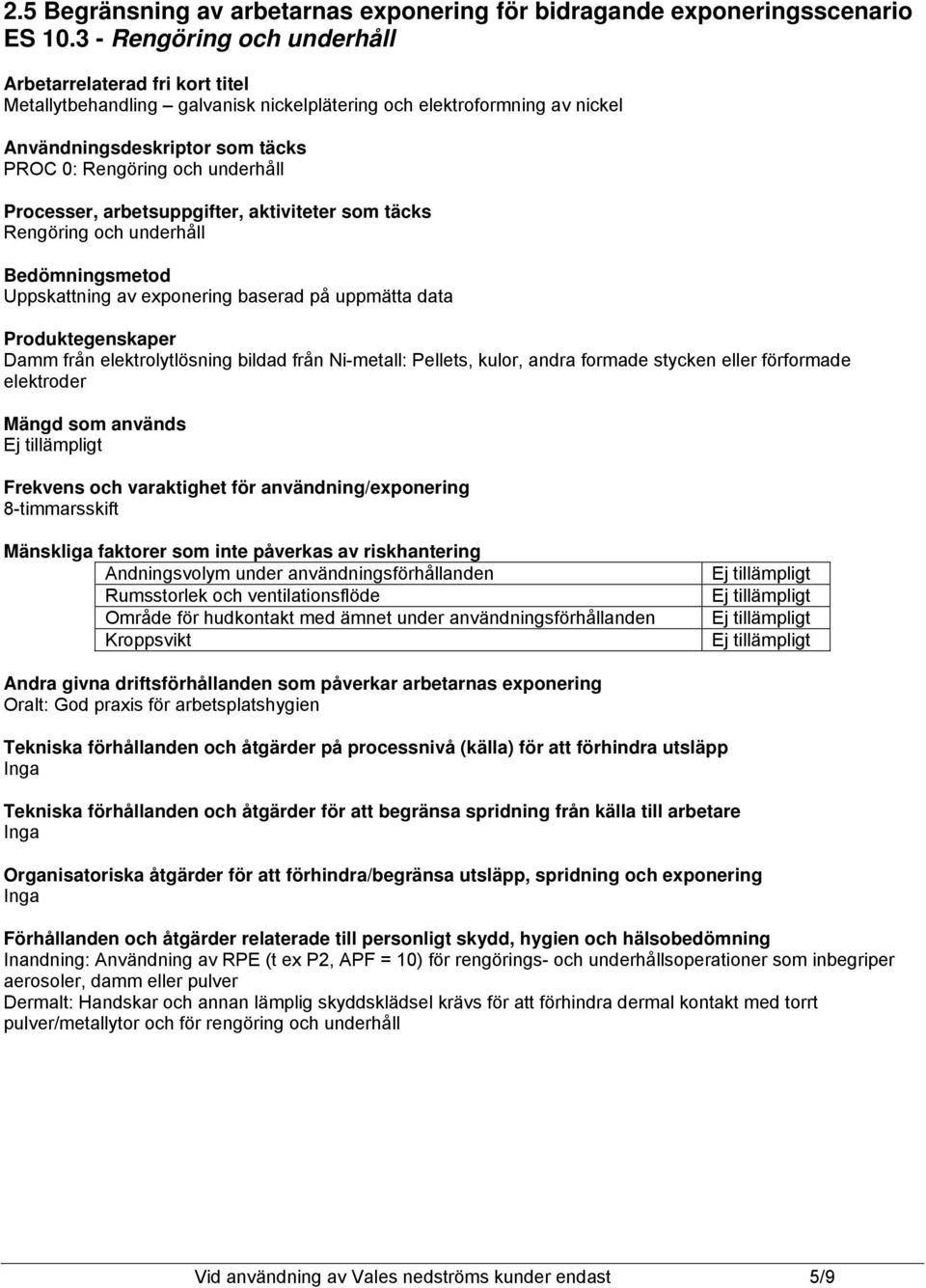 Processer, arbetsuppgifter, aktiviteter som täcks Rengöring och underhåll Bedömningsmetod Uppskattning av baserad på uppmätta data Produktegenskaper Damm från elektrolytlösning bildad från Ni-metall: