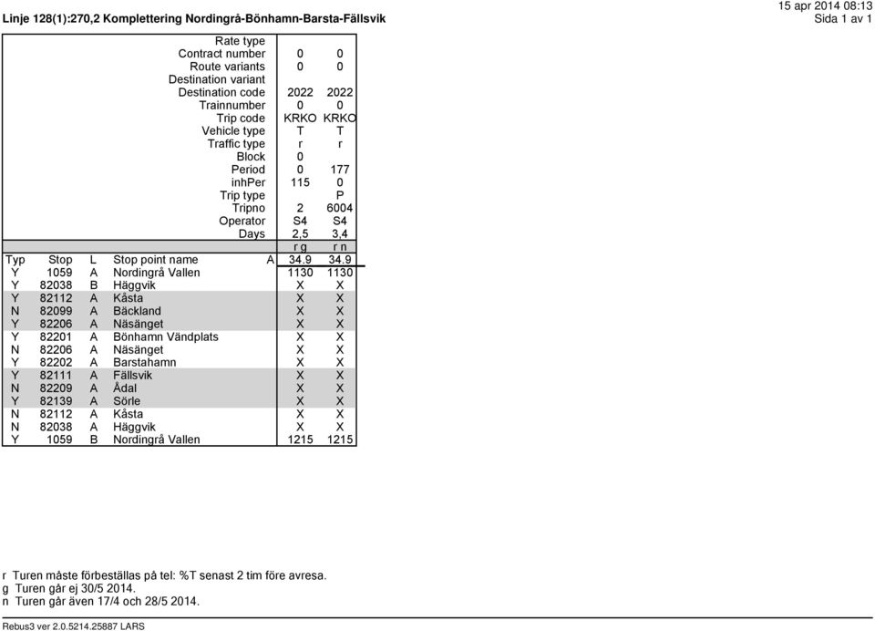 9 Y 1059 A Nordingrå Vallen 1130 1130 Y 82038 B Häggvik X X Y 82112 A Kåsta X X N 82099 A Bäckland X X Y 82206 A Näsänget X X Y 82201 A Bönhamn Vändplats X X N 82206 A Näsänget X X Y