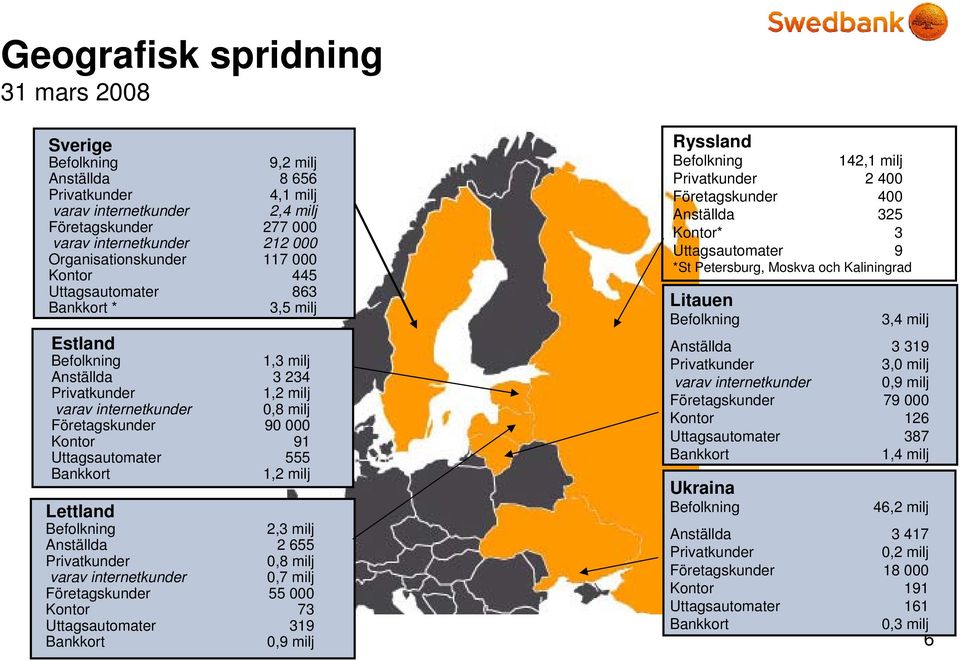 Kontor 91 Uttagsautomater 555 Bankkort 1,2 milj Lettland Befolkning 2,3 milj Anställda 2 655 Privatkunder 0,8 milj varav internetkunder 0,7 milj Företagskunder 55 000 Kontor 73 Uttagsautomater 319