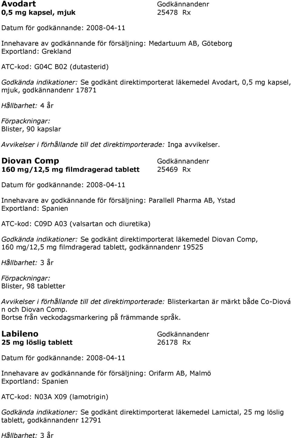 Diovan Comp 160 mg/12,5 mg filmdragerad tablett 25469 Rx Innehavare av godkännande för försäljning: Parallell Pharma AB, Ystad Exportland: Spanien ATC-kod: C09D A03 (valsartan och diuretika) Se