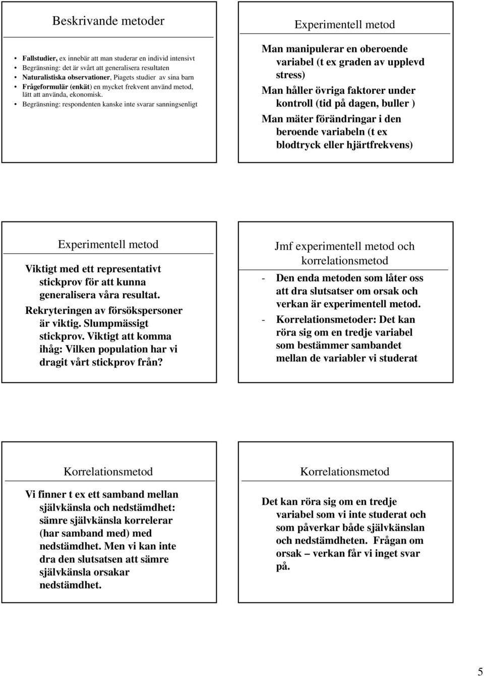 Begränsning: respondenten kanske inte svarar sanningsenligt Experimentell metod Man manipulerar en oberoende variabel (t ex graden av upplevd stress) Man håller övriga faktorer under kontroll (tid på