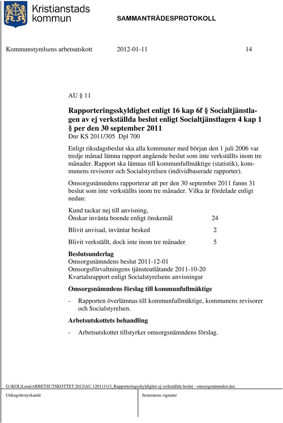 Rapport ska lämnas till kommunfullmäktige (statistik), kommunens revisorer och Socialstyrelsen (individbaserade rapporter).