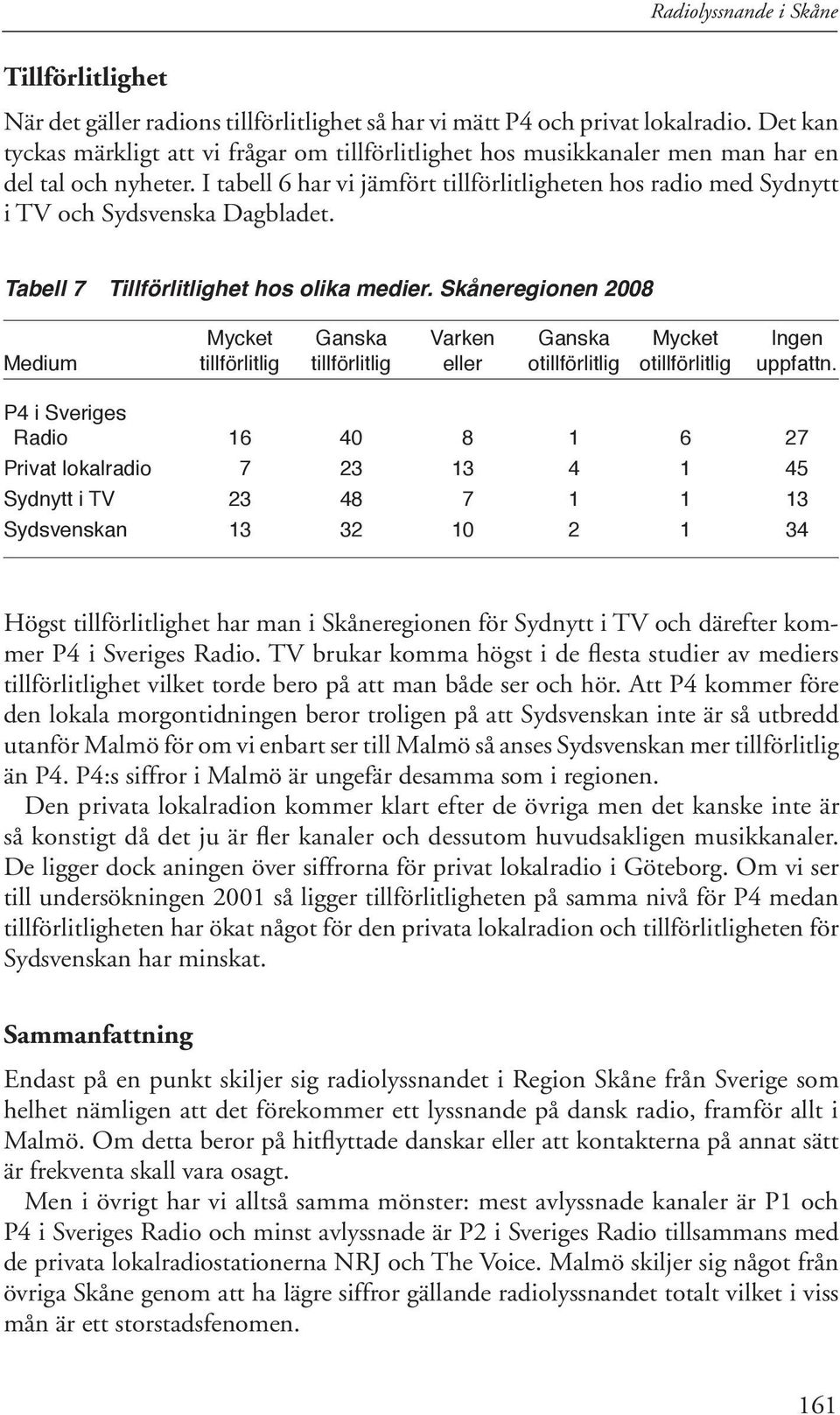 I tabell 6 har vi jämfört tillförlitligheten hos radio med Sydnytt i TV och Sydsvenska Dagbladet. Tabell 7 Tillförlitlighet hos olika medier.