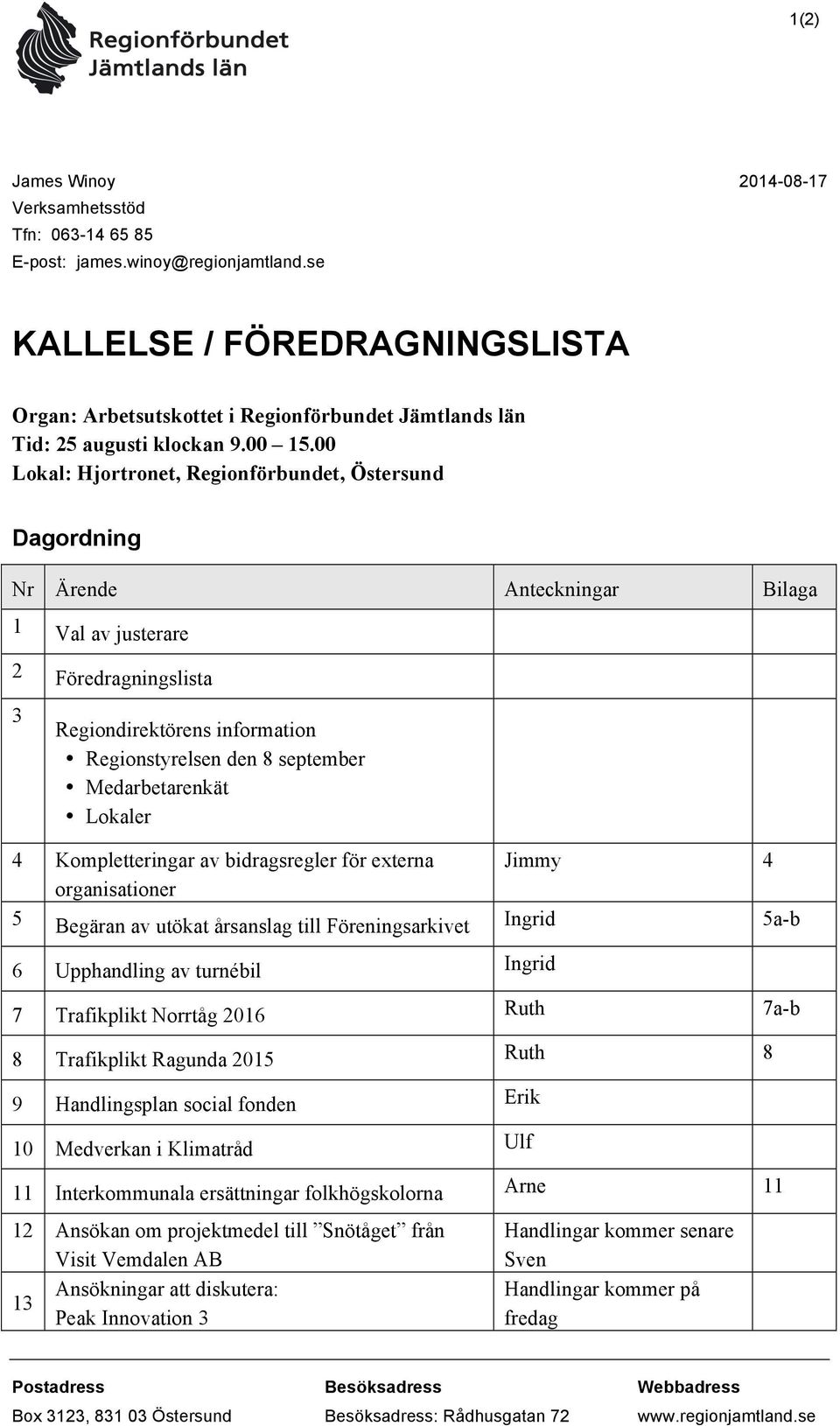 00 Lokal: Hjortronet, Regionförbundet, Östersund Dagordning Nr Ärende 1 Val av justerare 2 Föredragningslista 3 Anteckningar Bilaga ens information Regionstyrelsen den 8 september Medarbetarenkät