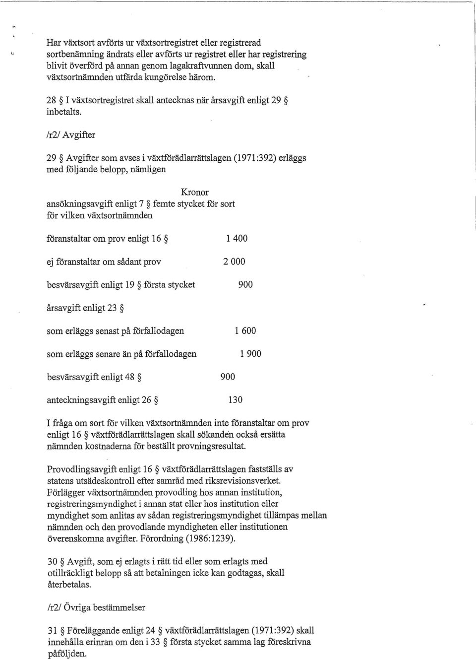 /r2/ Avgifter 29 Avgifter som avses i växtförädlarrättslagen (1971 :392) erläggs med följande belopp, nämligen Kronor ansöknings avgift enligt 7 femte stycket för sort för vilken växtsortnämnden