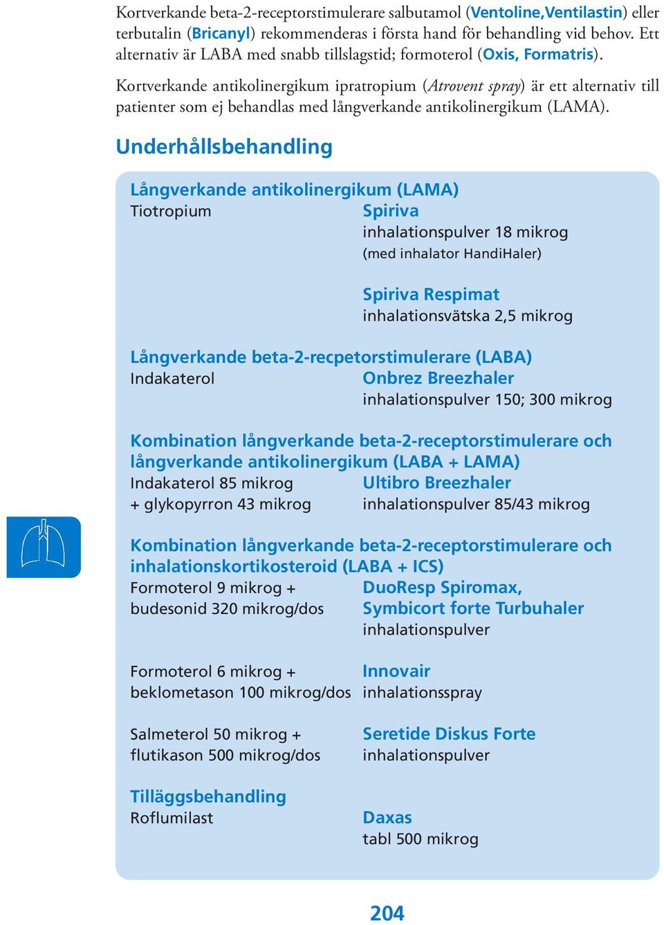 Kortverkande antikolinergikum ipratropium (Atrovent spray) är ett alternativ till patienter som ej behandlas med långverkande antikolinergikum (LAMA).