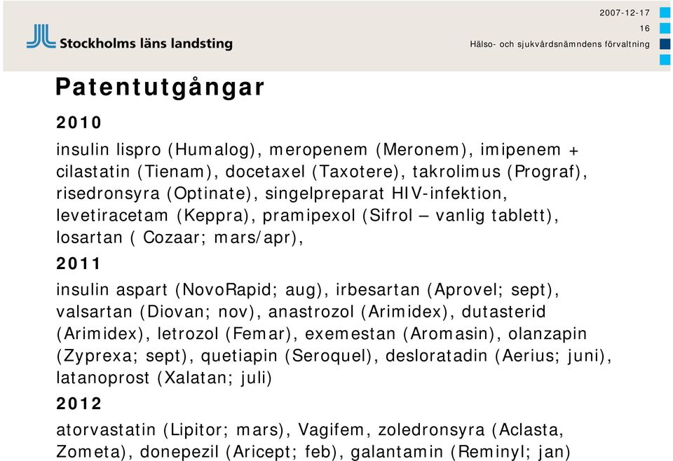 (Aprovel; sept), valsartan (Diovan; nov), anastrozol (Arimidex), dutasterid (Arimidex), letrozol (Femar), exemestan (Aromasin), olanzapin (Zyprexa; sept), quetiapin