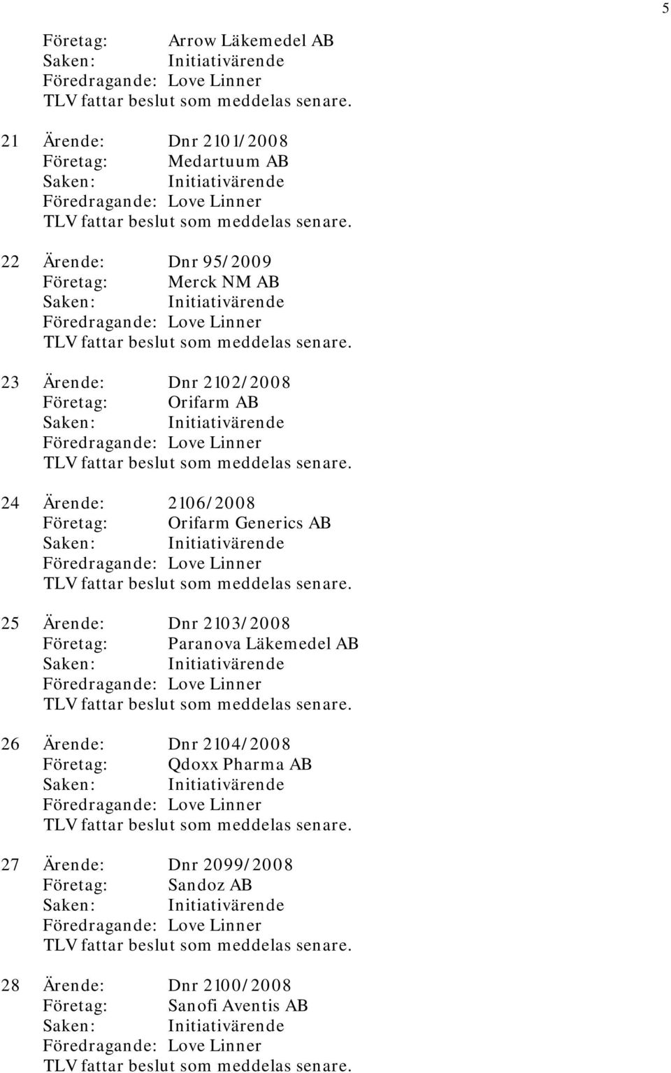 Generics AB 25 Ärende: Dnr 2103/2008 Företag: Paranova Läkemedel AB 26 Ärende: Dnr 2104/2008 Företag: