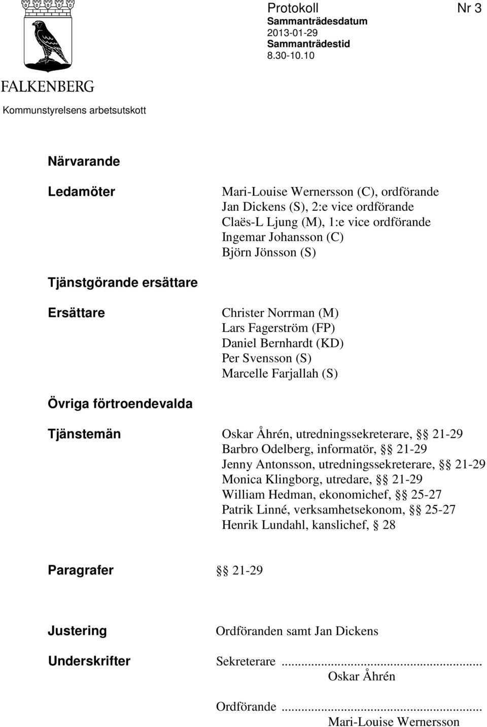 Jönsson (S) Tjänstgörande ersättare Ersättare Christer Norrman (M) Lars Fagerström (FP) Daniel Bernhardt (KD) Per Svensson (S) Marcelle Farjallah (S) Övriga förtroendevalda Tjänstemän Oskar Åhrén,