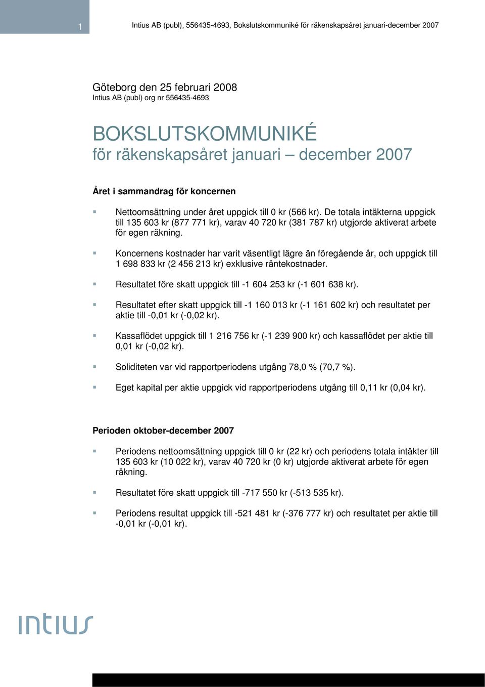 Koncernens kostnader har varit väsentligt lägre än föregående år, och uppgick till 1 698 833 kr (2 456 213 kr) exklusive räntekostnader.