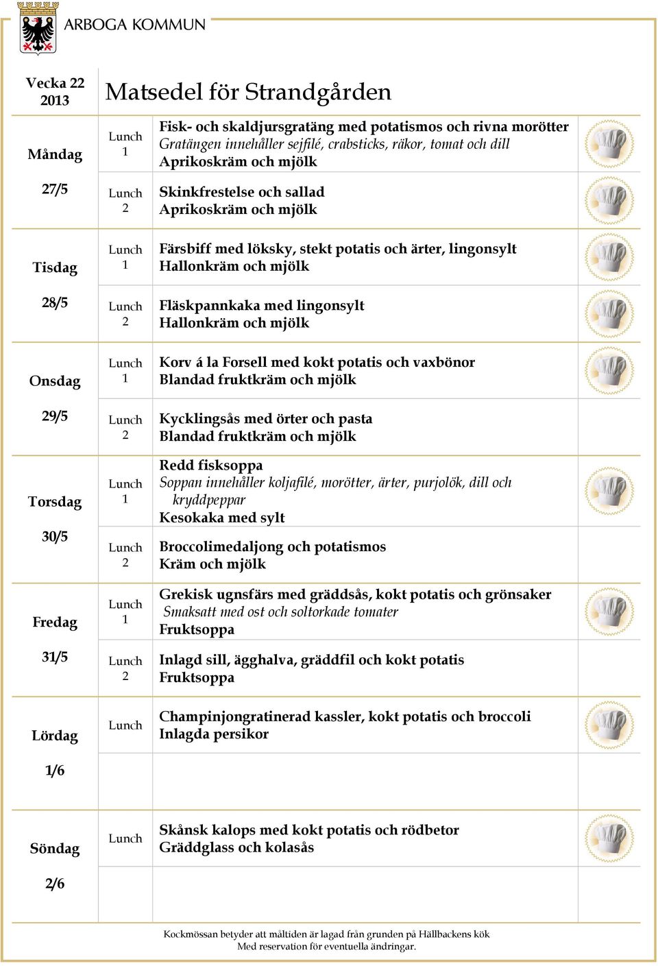 Kycklingsås med örter och pasta 30/5 Redd fisksoppa Soppan innehåller koljafilé, morötter, ärter, purjolök, dill och kryddpeppar Kesokaka med sylt Broccolimedaljong och potatismos Kräm och mjölk