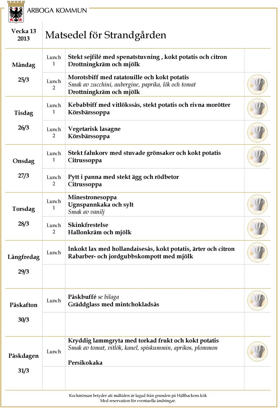 Minestronesoppa Ugnspannkaka och sylt Smak av vanilj 8/3 Skinkfrestelse Långfredag 9/3 Inkokt lax med hollandaisesås, kokt potatis, ärter och citron Rabarber- och jordgubbskompott med mjölk