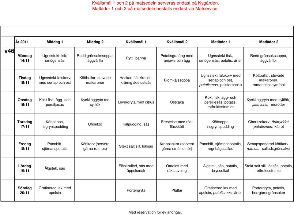 stuvade makaroner, romanescosymfoni 16/11 Kokt fisk, ägg- och persiljesås Kycklinggryta md syltlök Levergryta med citrus Ostkaka Kokt fisk, ägg- och persiljesås, potatis, rotfruktsstrimlor