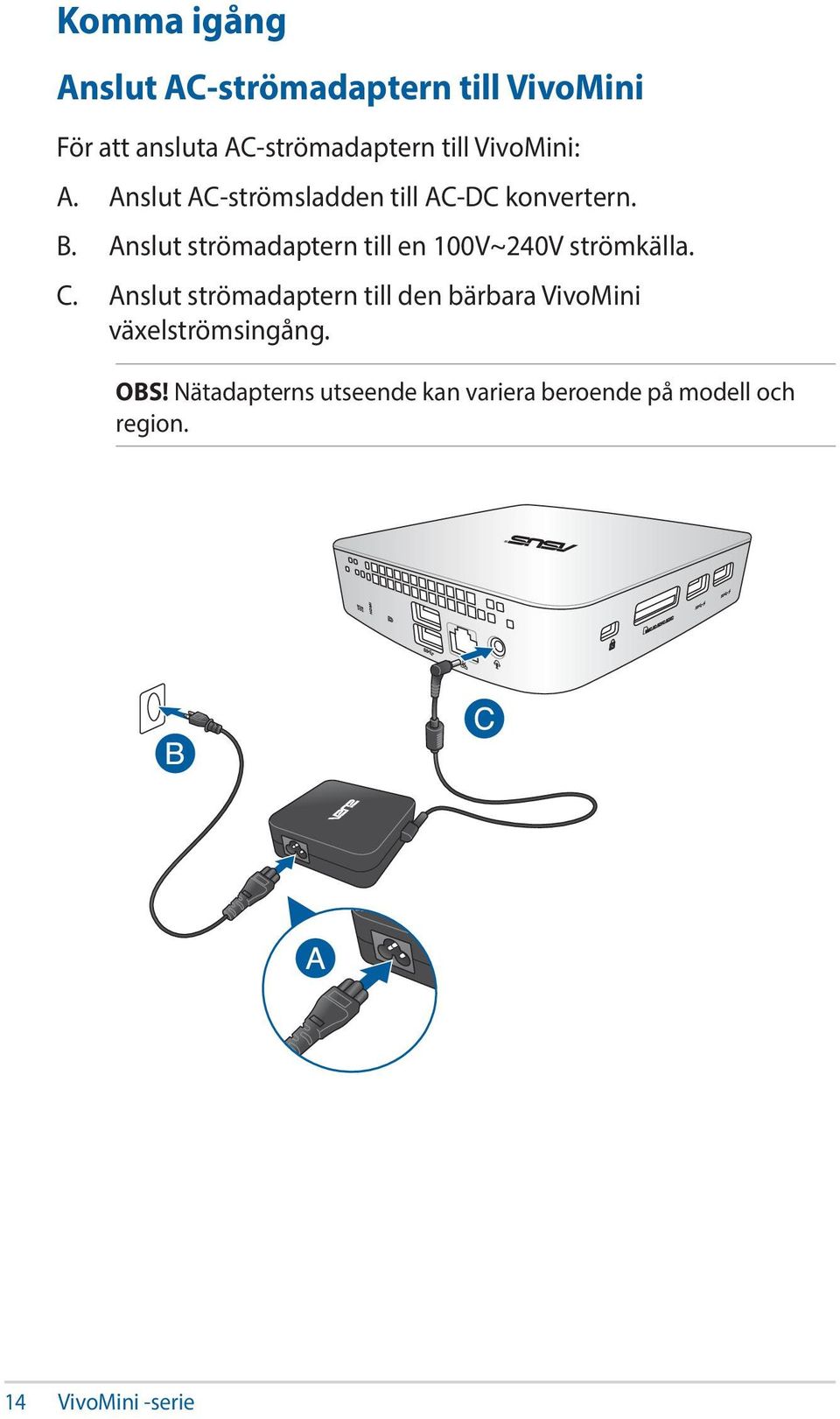 Anslut strömadaptern till en 100V~240V strömkälla. C.