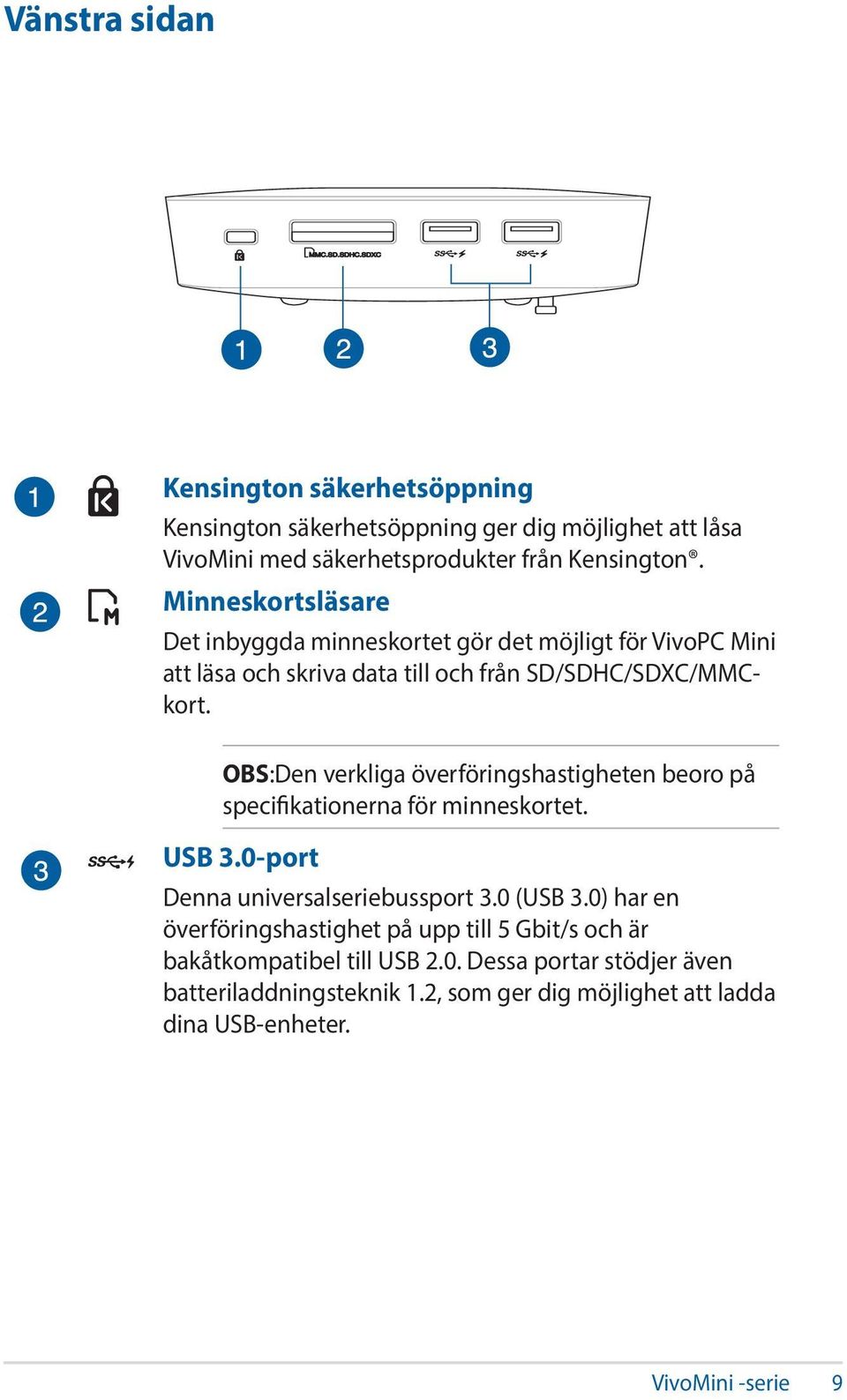 OBS:Den verkliga överföringshastigheten beoro på specifikationerna för minneskortet. USB 3.0-port Denna universalseriebussport 3.0 (USB 3.