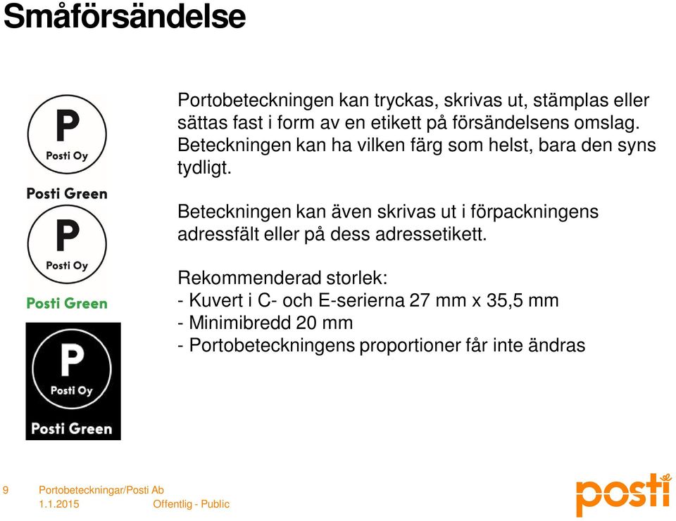 Beteckningen kan även skrivas ut i förpackningens adressfält eller på dess adressetikett.