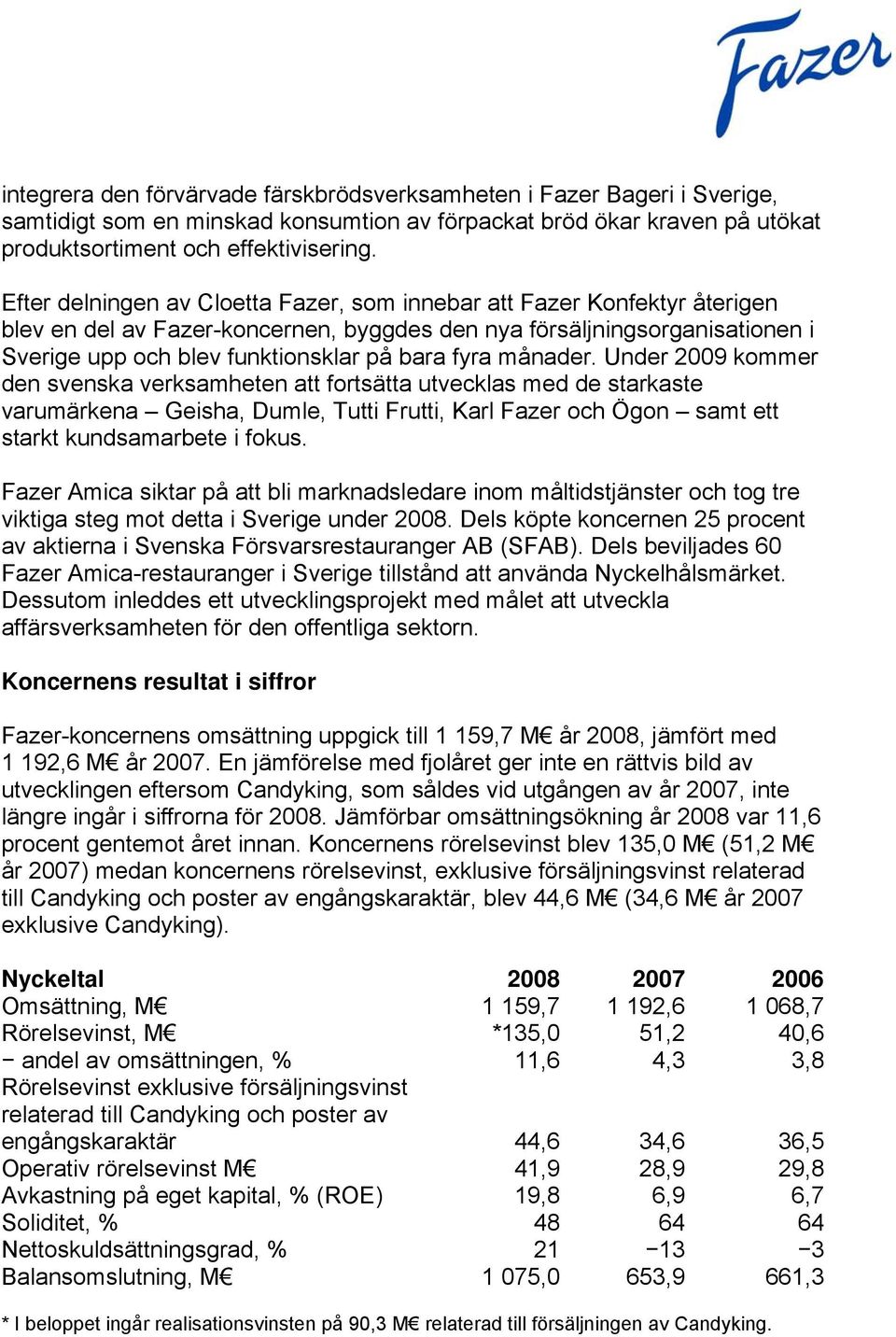 månader. Under 2009 kommer den svenska verksamheten att fortsätta utvecklas med de starkaste varumärkena Geisha, Dumle, Tutti Frutti, Karl Fazer och Ögon samt ett starkt kundsamarbete i fokus.