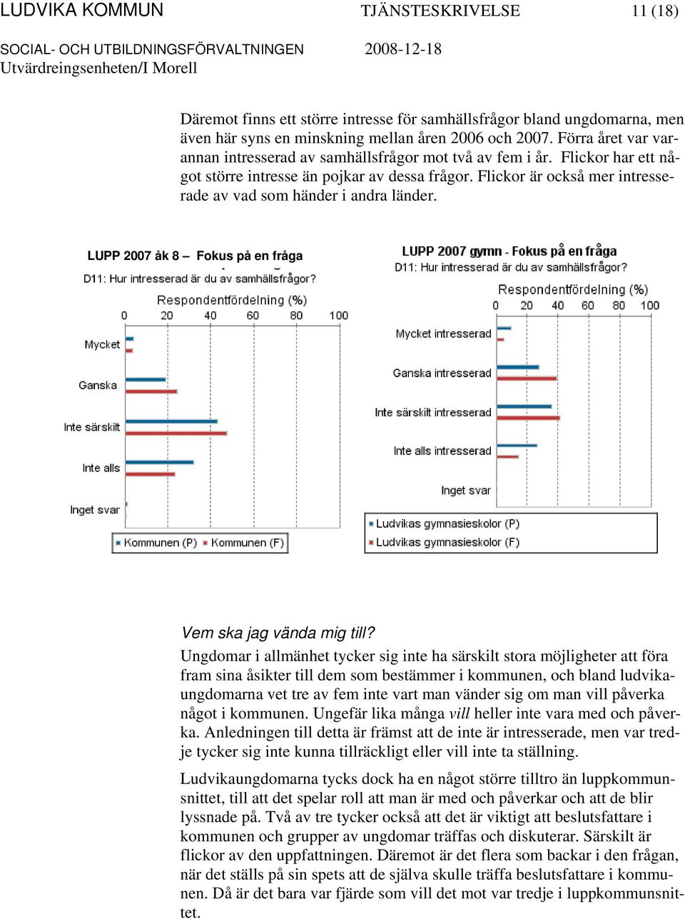 Flickor är också mer intresserade av vad som händer i andra länder. LUPP 2007 åk 8 Fokus på en fråga Vem ska jag vända mig till?