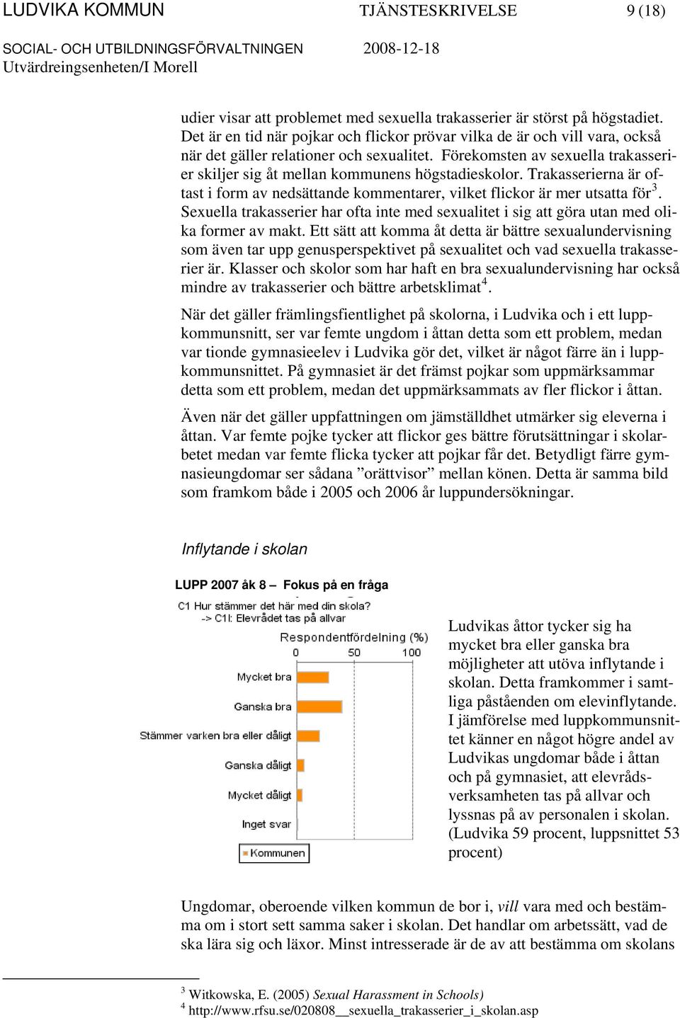 Förekomsten av sexuella trakasserier skiljer sig åt mellan kommunens högstadieskolor. Trakasserierna är oftast i form av nedsättande kommentarer, vilket flickor är mer utsatta för 3.