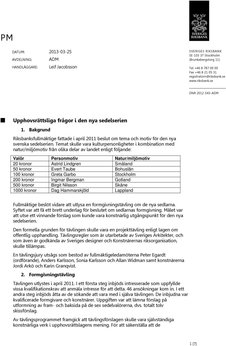 Temat skulle vara kulturpersonligheter i kombination med natur/miljömotiv från olika delar av landet enligt följande: Valör Personmotiv Natur/miljömotiv 20 kronor Astrid Lindgren Småland 50 kronor