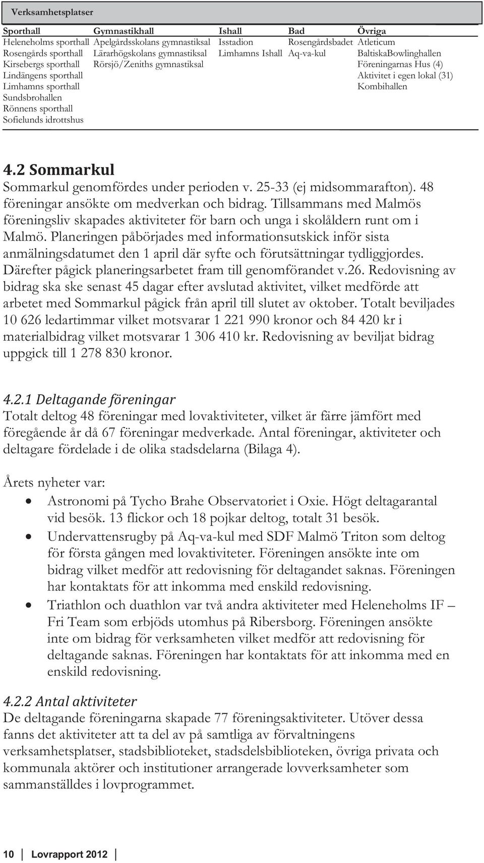 Sundsbrohallen Rönnens sporthall Sofielunds idrottshus 4.2 Sommarkul Sommarkul genomfördes under perioden v. 25-33 (ej midsommarafton). 48 föreningar ansökte om medverkan och bidrag.
