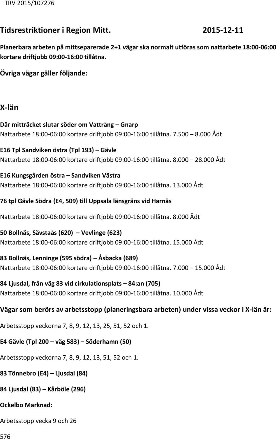 000 Ådt E16 Tpl Sandviken östra (Tpl 193) Gävle Nattarbete 18:00-06:00 kortare driftjobb 09:00-16:00 tillåtna. 8.000 28.