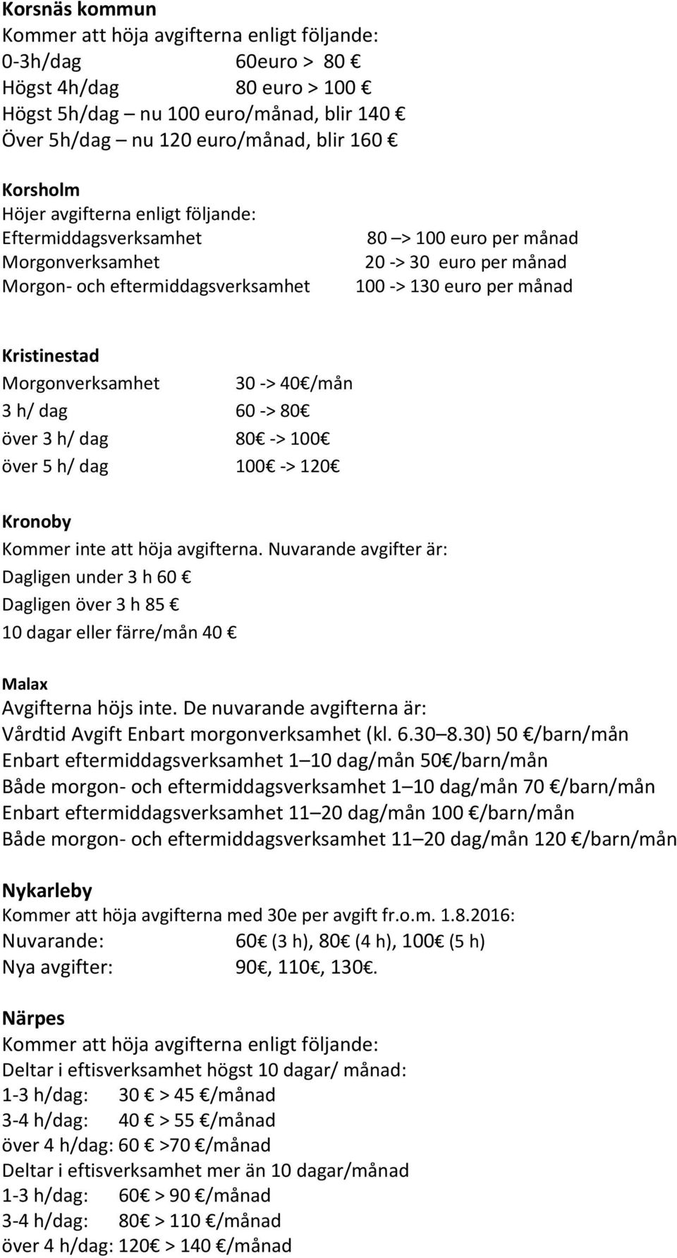 Morgonverksamhet 30 -> 40 /mån 3 h/ dag 60 -> 80 över 3 h/ dag 80 -> 100 över 5 h/ dag 100 -> 120 Kronoby Kommer inte att höja avgifterna.