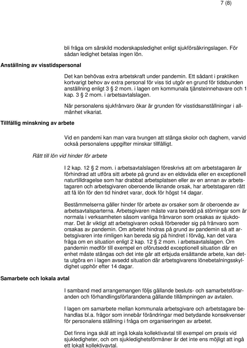 i lagen om kommunala tjänsteinnehavare och 1 kap. 3 2 mom. i arbetsavtalslagen. När personalens sjukfrånvaro ökar är grunden för visstidsanställningar i allmänhet vikariat.