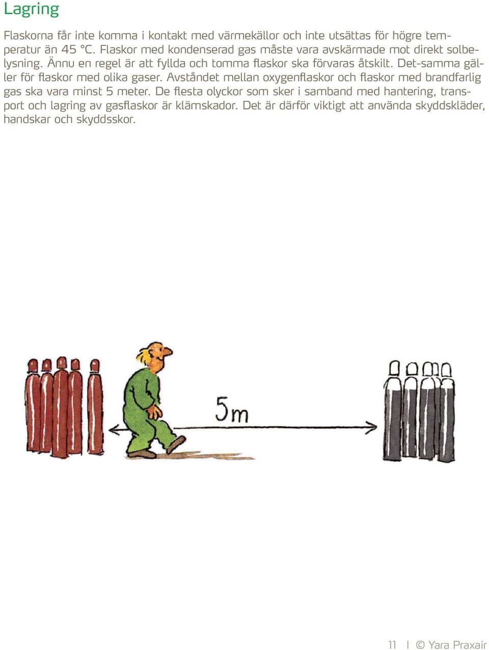 Det-samma gäller för flaskor med olika gaser. Avståndet mellan oxygenflaskor och flaskor med brandfarlig gas ska vara minst 5 meter.