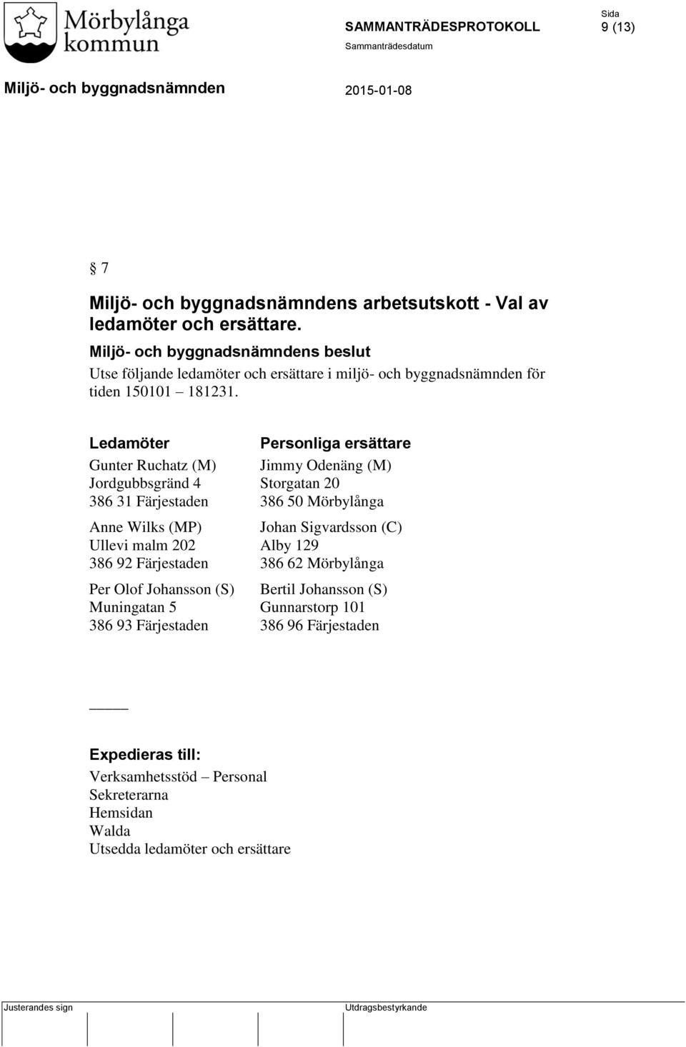 Ledamöter Personliga ersättare Gunter Ruchatz (M) Jimmy Odenäng (M) Jordgubbsgränd 4 Storgatan 20 386 31 Färjestaden 386 50 Mörbylånga Anne Wilks (MP)