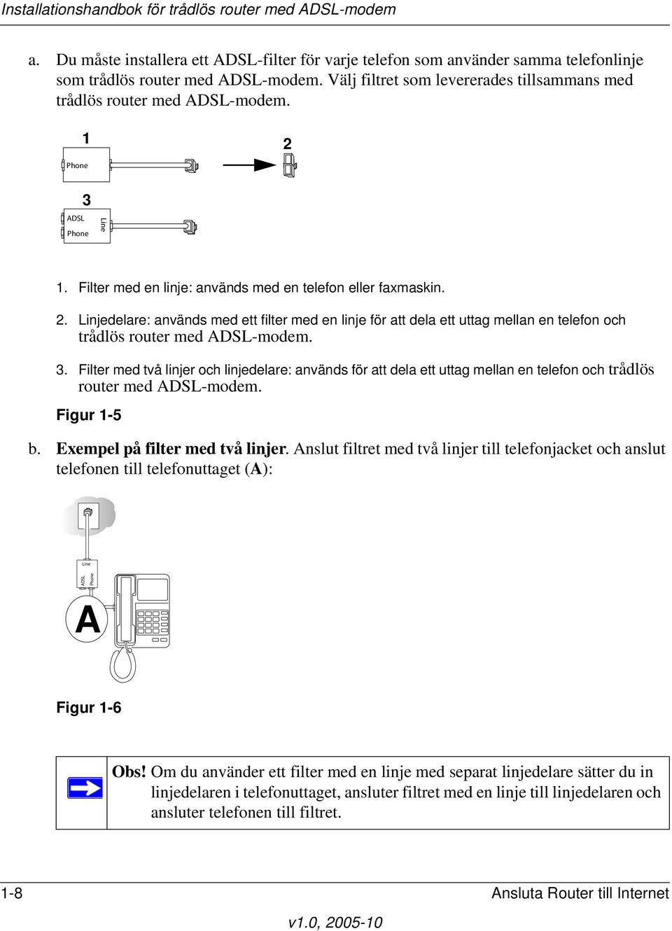 Figur 1-5 b. Exempel på filter med två linjer. Anslut filtret med två linjer till telefonjacket och anslut telefonen till telefonuttaget (A): A Figur 1-6 Obs!