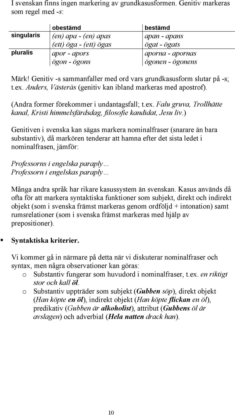 ögonens Märk! Genitiv -s sammanfaller med ord vars grundkasusform slutar på -s; t.ex. Anders, Västerås (genitiv kan ibland markeras med apostrof). (Andra former förekommer i undantagsfall; t.ex. Falu gruva, Trollhätte kanal, Kristi himmelsfärdsdag, filosofie kandidat, Jesu liv.