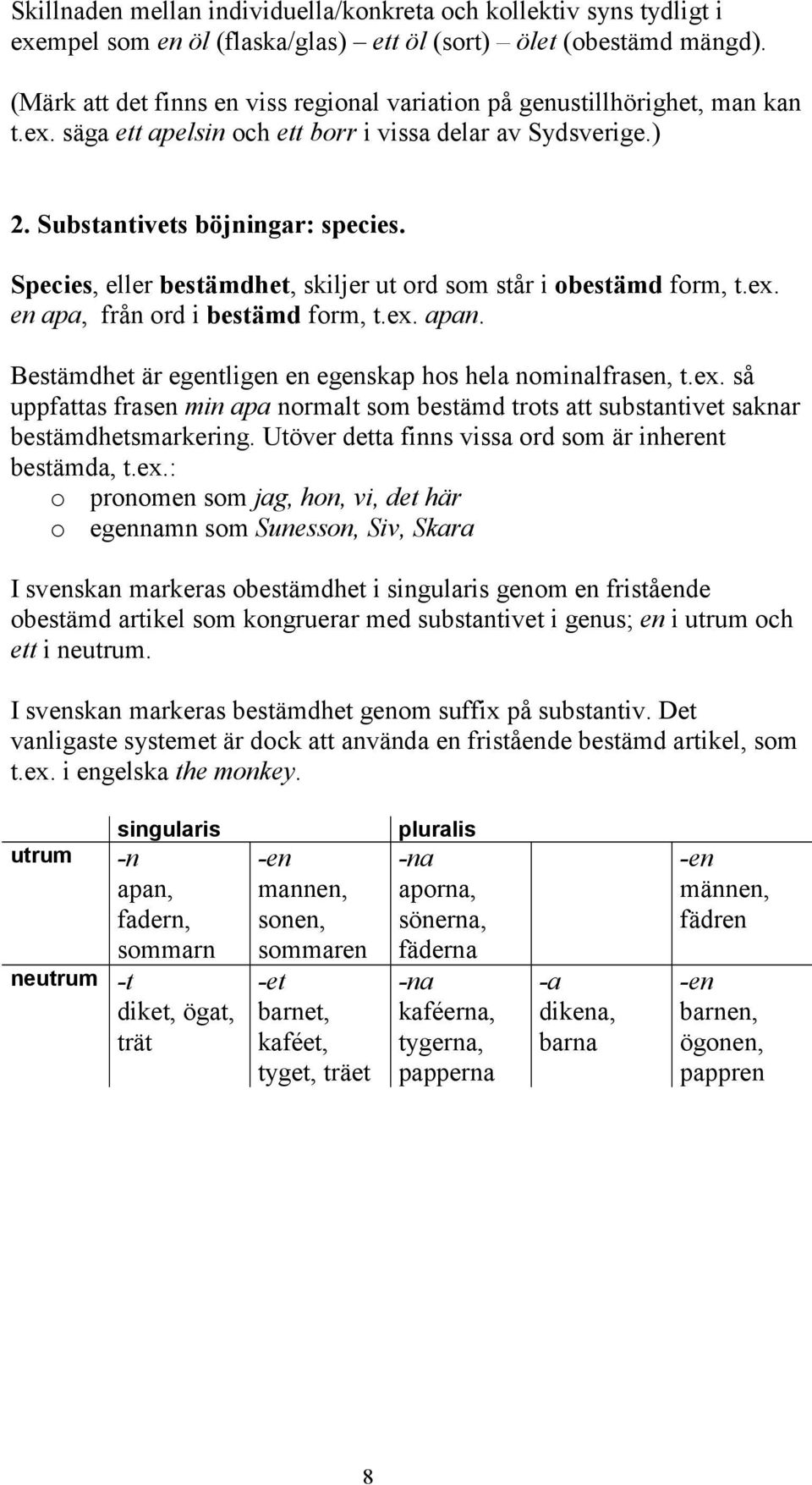 Species, eller bestämdhet, skiljer ut ord som står i obestämd form, t.ex. en apa, från ord i bestämd form, t.ex. apan. Bestämdhet är egentligen en egenskap hos hela nominalfrasen, t.ex. så uppfattas frasen min apa normalt som bestämd trots att substantivet saknar bestämdhetsmarkering.