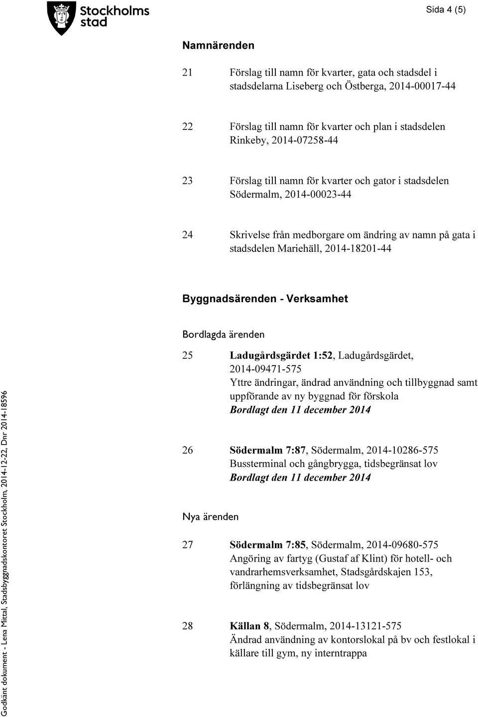 Byggnadsärenden - Verksamhet Bordlagda ärenden 25 Ladugårdsgärdet 1:52, Ladugårdsgärdet, 2014-09471-575 Yttre ändringar, ändrad användning och tillbyggnad samt uppförande av ny byggnad för förskola