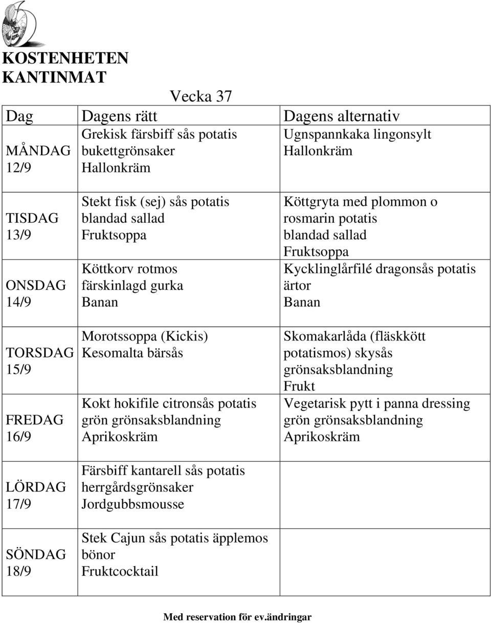 kantarell sås potatis herrgårdsgrönsaker Jordgubbsmousse Stek Cajun sås potatis äpplemos cocktail Köttgryta med plommon o rosmarin potatis blandad sallad