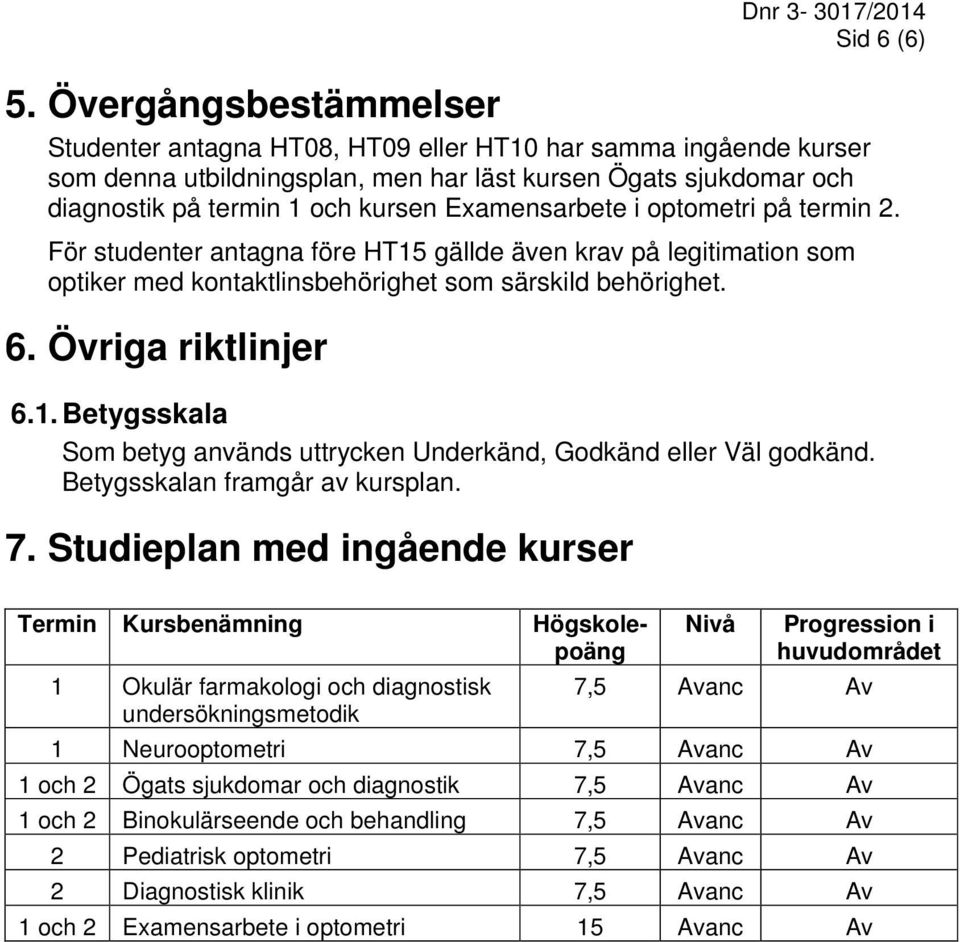 Examensarbete i optometri på termin 2. För studenter antagna före HT15 gällde även krav på legitimation som optiker med kontaktlinsbehörighet som särskild behörighet. 6. Övriga riktlinjer 6.1. Betygsskala Som betyg används uttrycken Underkänd, Godkänd eller Väl godkänd.