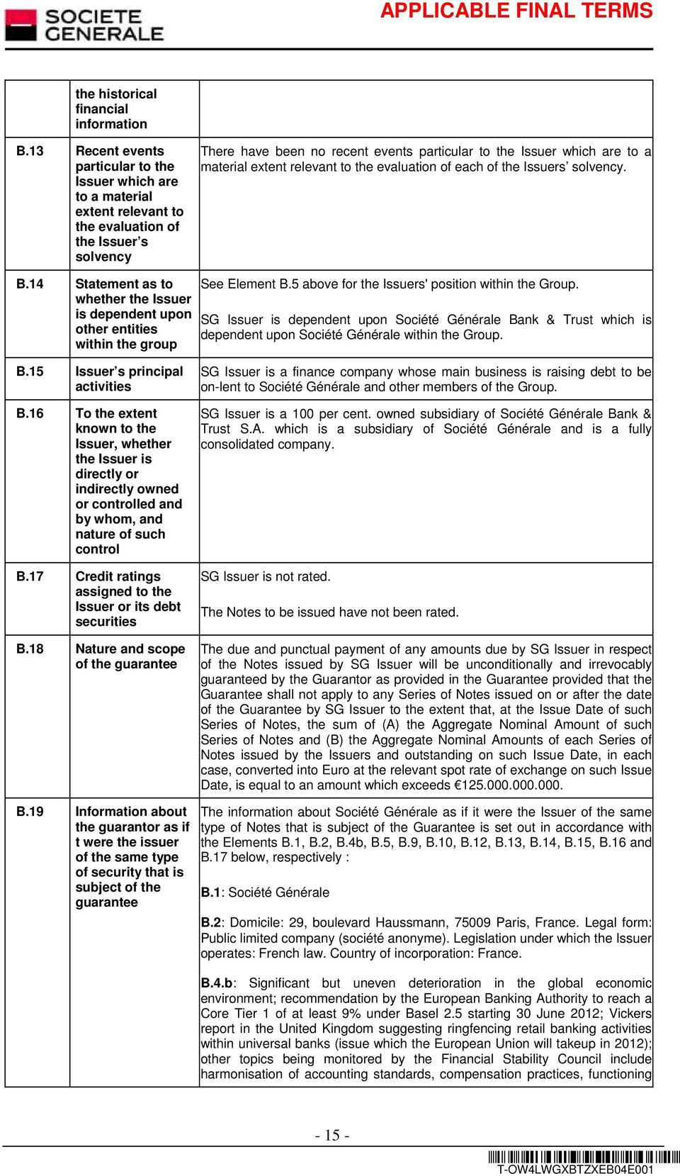 material extent relevant to the evaluation of each of the Issuers solvency. B.14 Statement as to whether the Issuer is dependent upon other entities within the group See Element B.