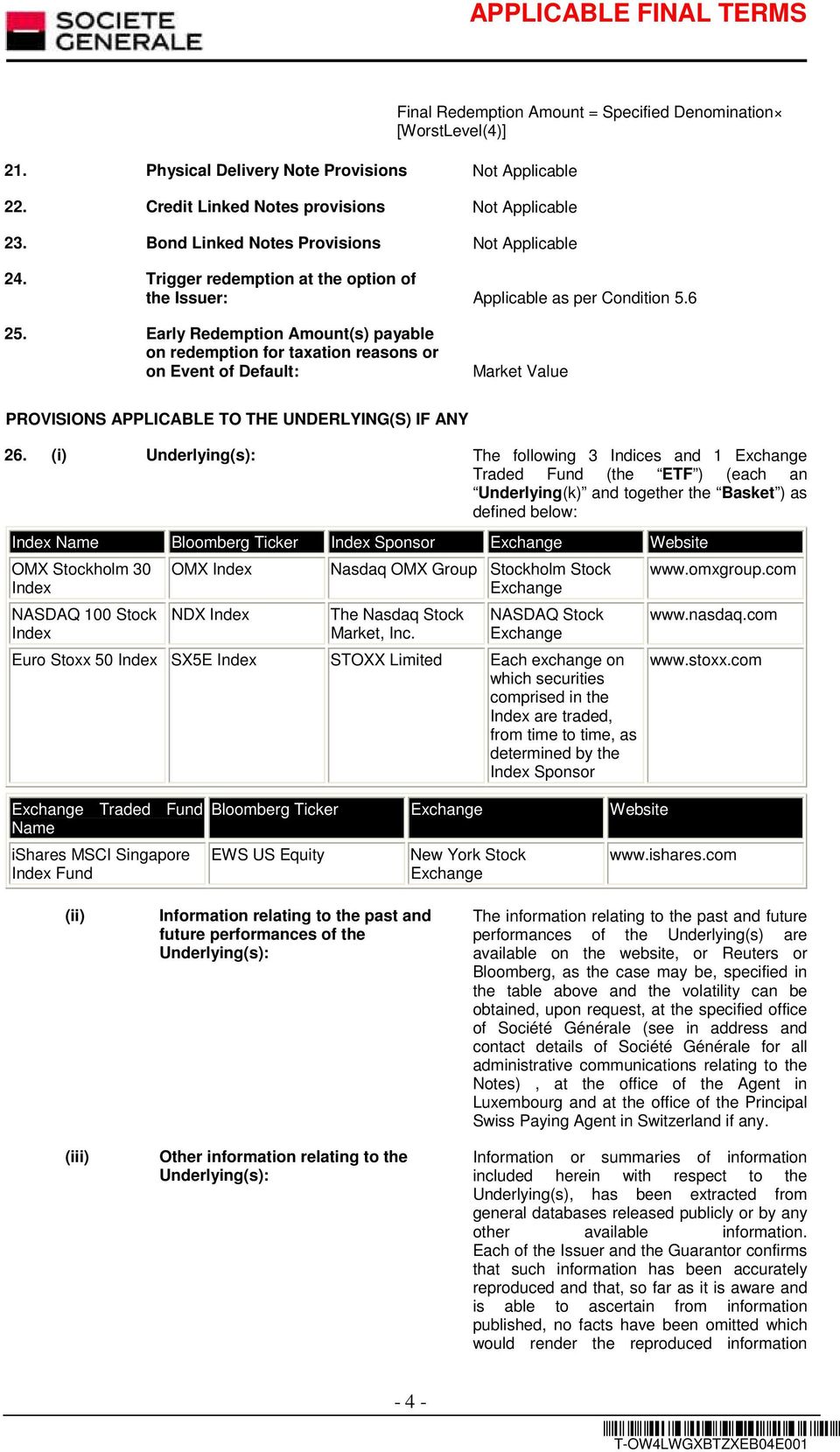 Early Redemption Amount(s) payable on redemption for taxation reasons or on Event of Default: Market Value PROVISIONS APPLICABLE TO THE UNDERLYING(S) IF ANY 26.