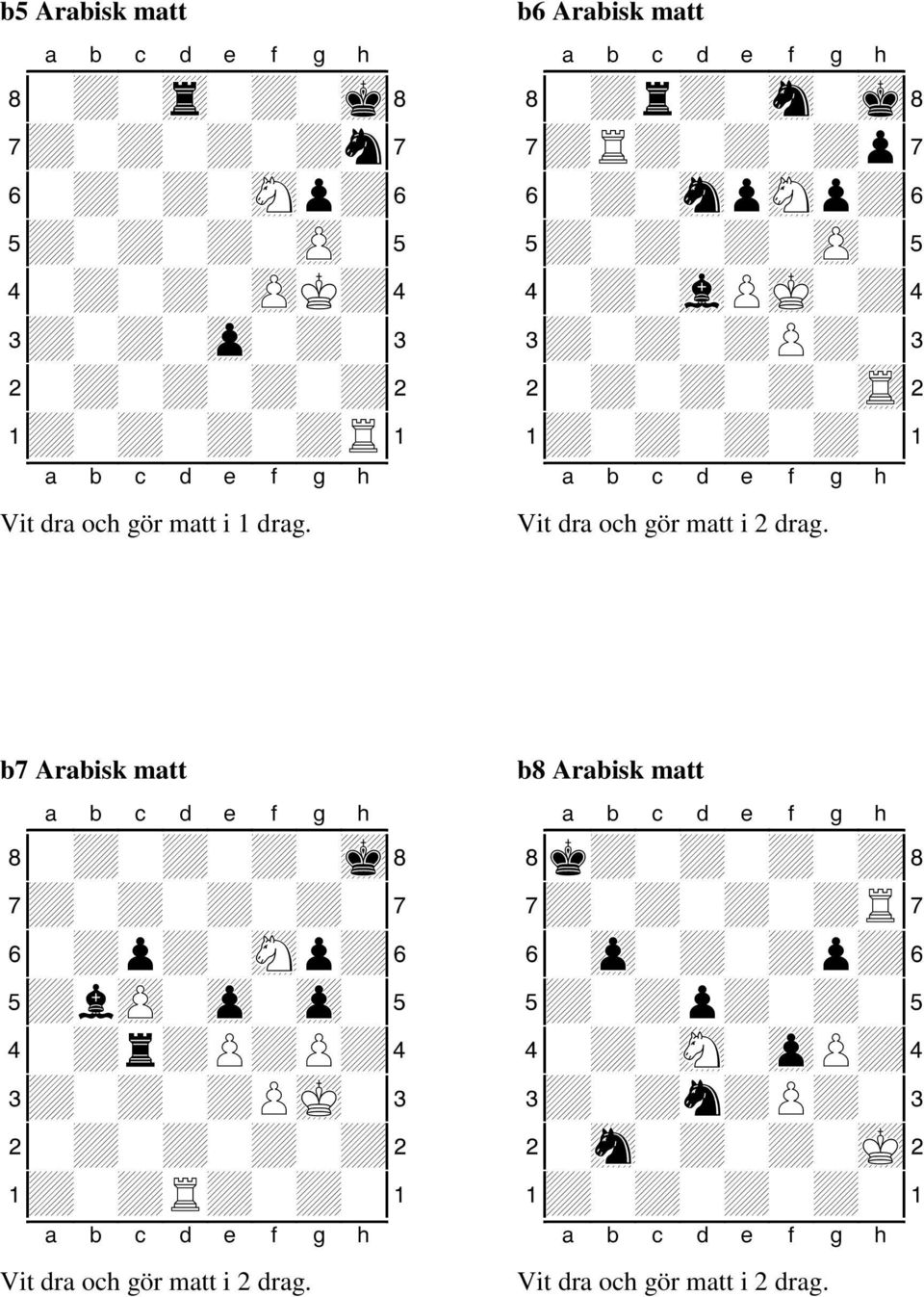 Vit dra och gör matt i 2 drag. b7 Arabisk matt 8-+-+-+-mk( 7+-+-+-+-' 6-+p+-sNp+& 5+lzP-zp-zp-% 4-+r+P+P+$ 3+-+-+PmK-# 2-+-+-+-+" 1+-+R+-+-!