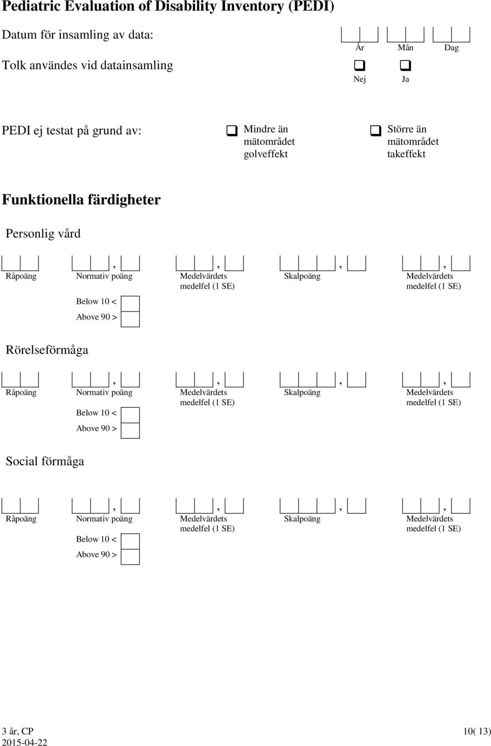 Medelvärdets Rörelseförmåga Below 10 < Above 90 > Skalpoäng Medelvärdets,,,, Råpoäng Normativ poäng Medelvärdets Below 10 <