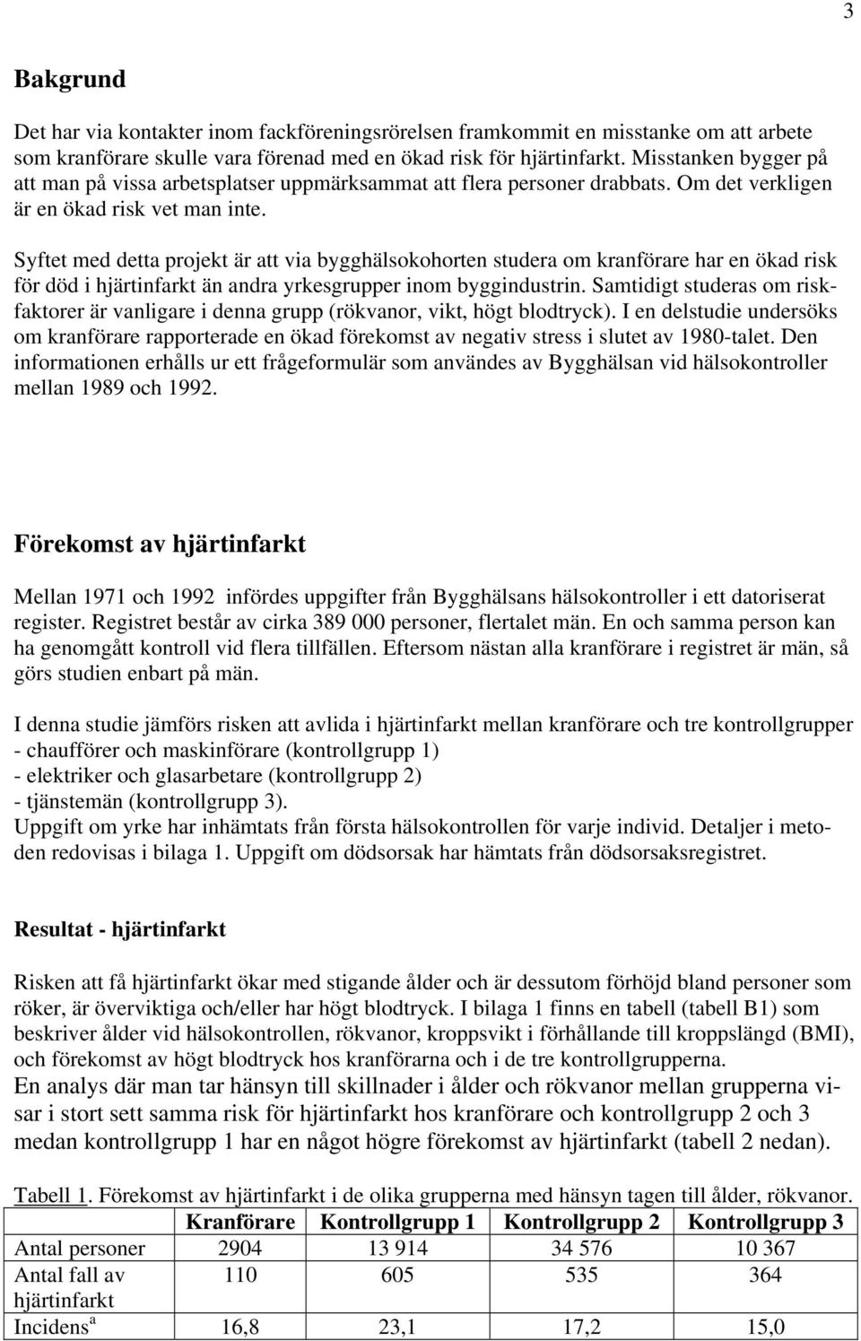 Syftet med detta projekt är att via bygghälsokohorten studera om kranförare har en ökad risk för död i hjärtinfarkt än andra yrkesgrupper inom byggindustrin.