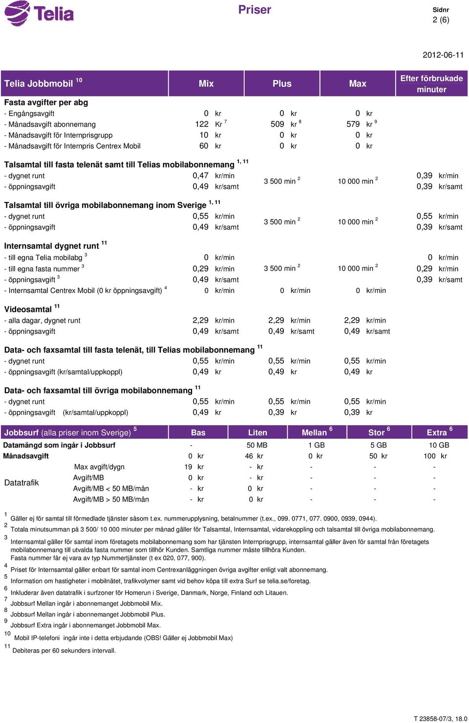 000 min 2 kr/min 1, 11 Talsamtal till övriga mobilabonnemang inom Sverige - dygnet runt 0,55 kr/min 0,55 3 500 min 2 10 000 min 2 kr/min Internsamtal dygnet runt 11 - till egna Telia mobilabg 3 0