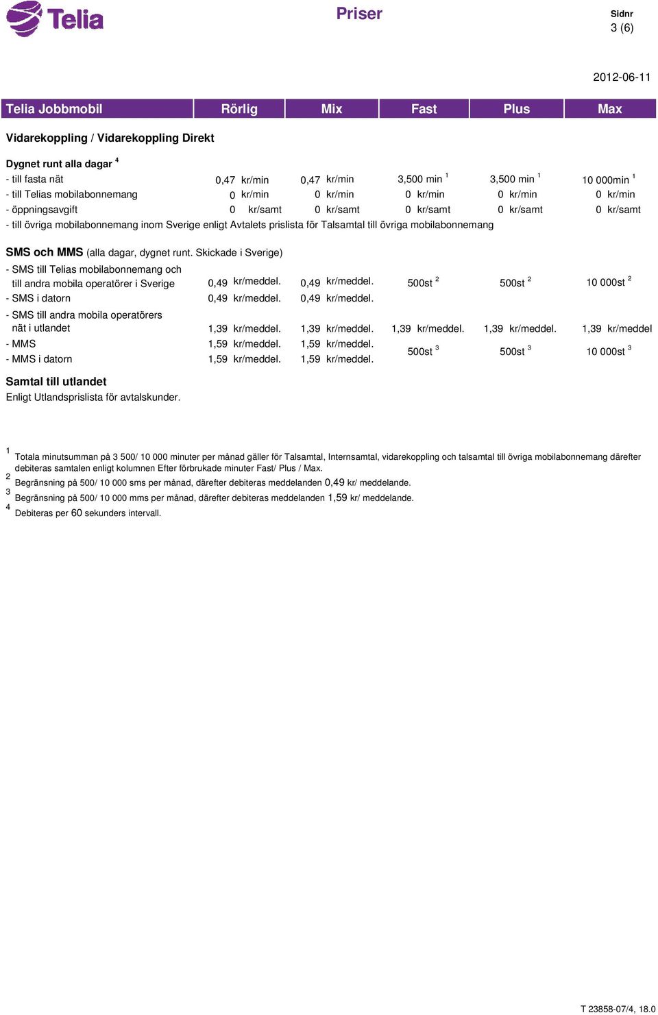 prislista för Talsamtal till övriga mobilabonnemang SMS och MMS (alla dagar, dygnet runt.