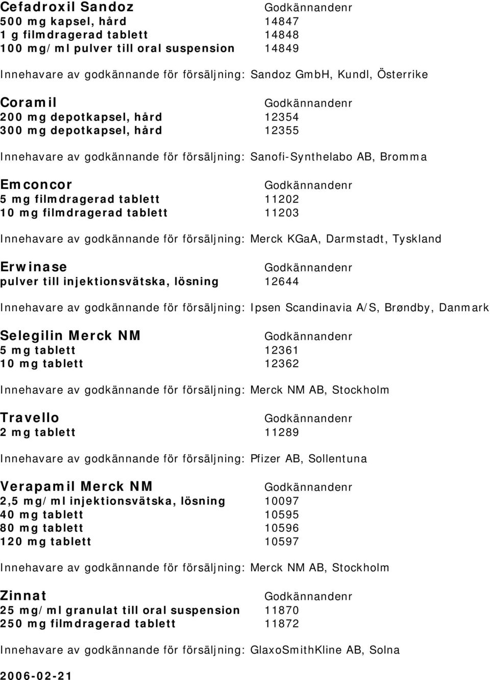 tablett 11203 Innehavare av godkännande för försäljning: Merck KGaA, Darmstadt, Tyskland Erwinase pulver till injektionsvätska, lösning 12644 Innehavare av godkännande för försäljning: Ipsen