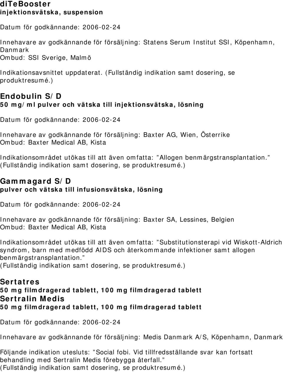 ) Endobulin S/D 50 mg/ml pulver och vätska till injektionsvätska, lösning Innehavare av godkännande för försäljning: Baxter AG, Wien, Österrike Ombud: Baxter Medical AB, Kista Indikationsområdet